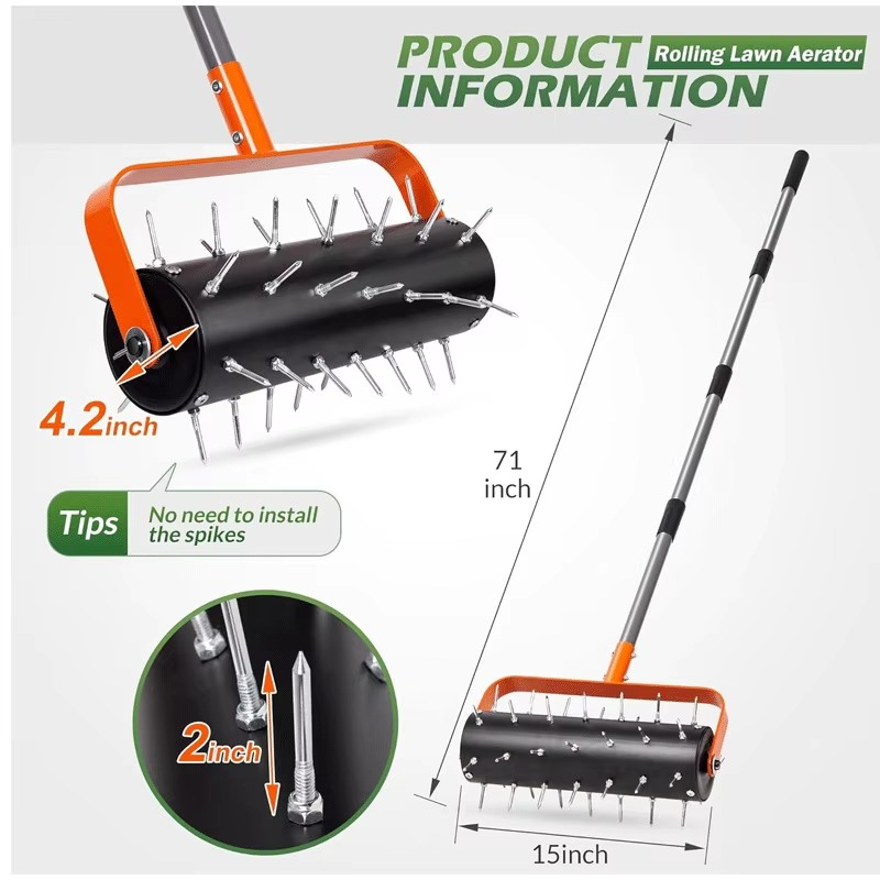 Rolling Lawn Aerator (15-Inch) – Heavy Duty Rolling Spike Aerator Tool
